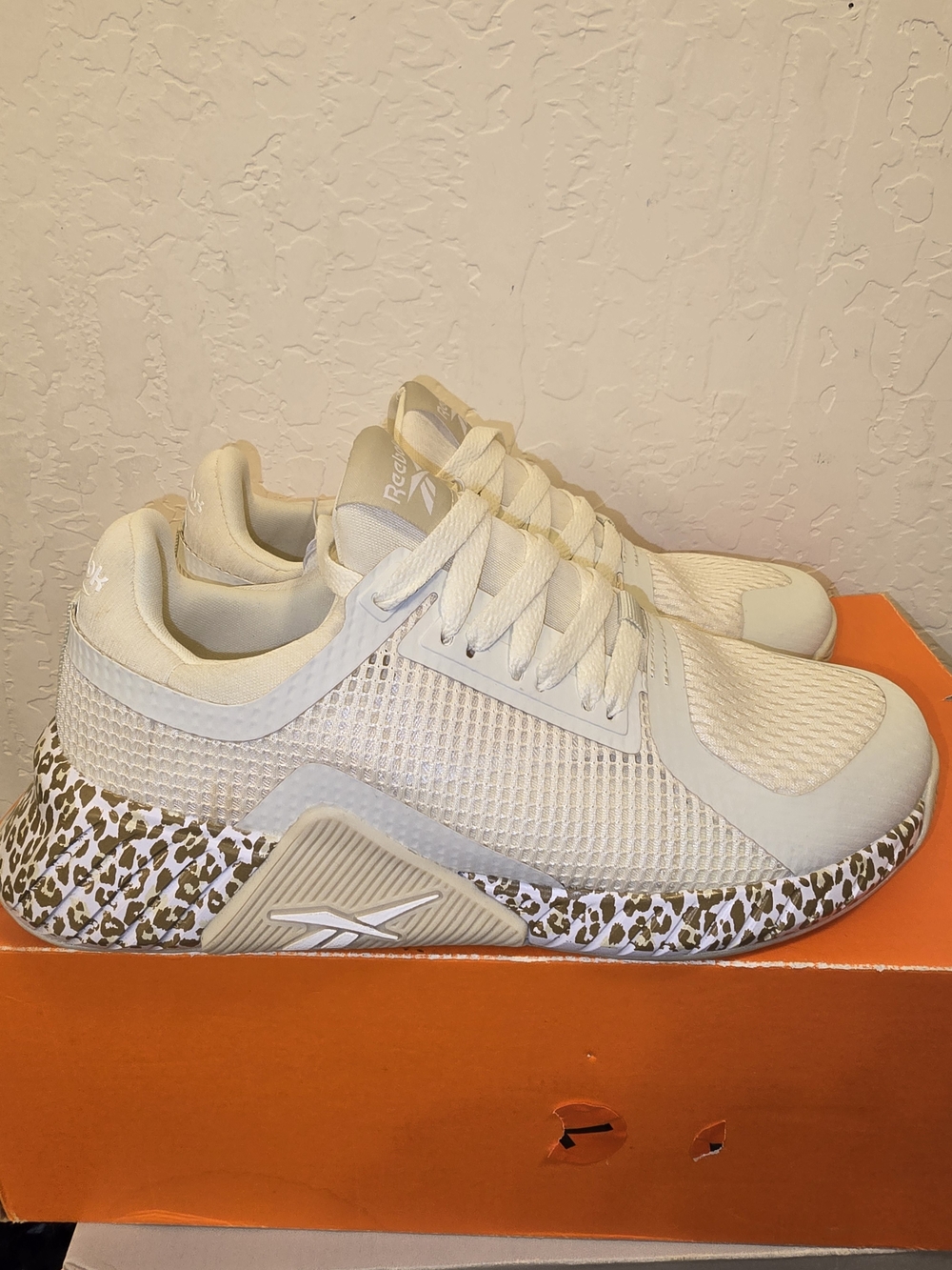 Reebok Women's Cream Mesh Trainers with Leopard-Print Sole Accent